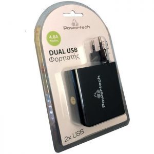 POWERTECH Φορτιστής PT-504, 2x USB, 4.8A, Black | Αξεσουάρ κινητών | elabstore.gr