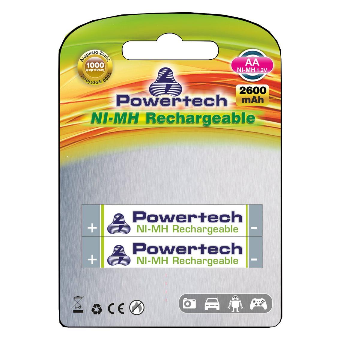 POWERTECH Επαναφορτιζόμενη 2600mAh, AA (R6), 2 τμχ | eLabstore.gr POWERTECH επαναφορτιζόμενη μπαταρία PT-351 2600mAh, AA (R6), 2 τμχ | Μπαταρίες | elabstore.gr