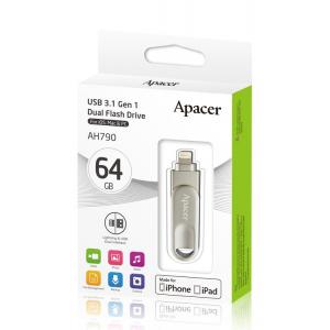 APACER Dual USB Flash Drive AH790, USB 3.1 & Lightning, 64GB, Silver | eLabstore.gr APACER Dual USB Flash Drive AH790, USB 3.1 & Lightning, 64GB, Silver | Συνοδευτικά PC | elabstore.gr