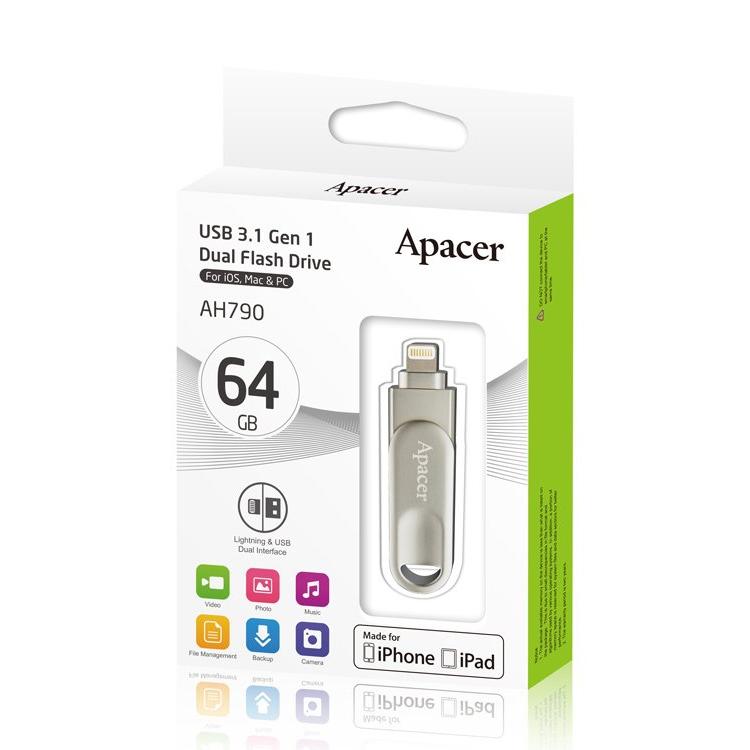 APACER Dual USB Flash Drive AH790, USB 3.1 & Lightning, 64GB, Silver | eLabstore.gr APACER Dual USB Flash Drive AH790, USB 3.1 & Lightning, 64GB, Silver | Συνοδευτικά PC | elabstore.gr