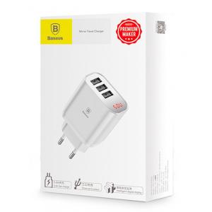 BASEUS φορτιστής τοίχου CCALL-BH02, 3x USB, 3.4A, με οθόνη, λευκό | Αξεσουάρ κινητών | elabstore.gr