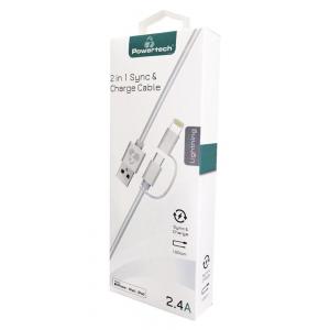 POWERTECH Καλώδιο USB σε Micro/Lightning prime PT-707, MFi, 1m, λευκό | Αξεσουάρ κινητών | elabstore.gr