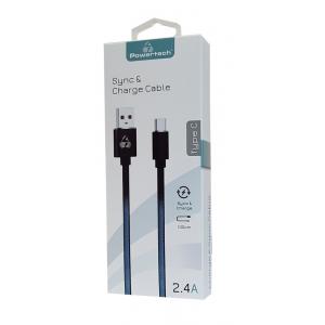 POWERTECH Καλώδιο USB σε Type C leather PTR-0029 copper, 1m, μαύρο/μπλέ | Αξεσουάρ κινητών | elabstore.gr