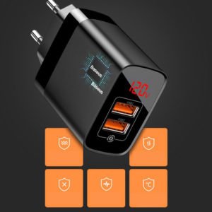 BASEUS φορτιστής τοίχου CCJMHA-A01, 2x USB, 18W, με οθόνη, μαύρο | Αξεσουάρ κινητών | elabstore.gr