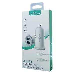 POWERTECH Φορτιστής αυτοκινήτου & καλώδιο Type-C PT-773, 2x USB, 3.4A | Αξεσουάρ κινητών | elabstore.gr