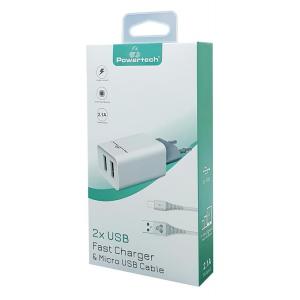 POWERTECH Φορτιστής τοίχου & καλώδιο Micro USB PT-775, 2x USB, 2.1A | Αξεσουάρ κινητών | elabstore.gr