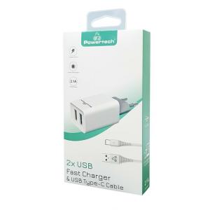 POWERTECH Φορτιστής τοίχου & καλώδιο USB Type-C PT-776, 2x USB, 2.1A | Αξεσουάρ κινητών | elabstore.gr