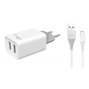 POWERTECH Φορτιστής τοίχου & καλώδιο USB Type-C PT-776, 2x USB, 2.1A | Αξεσουάρ κινητών | elabstore.gr
