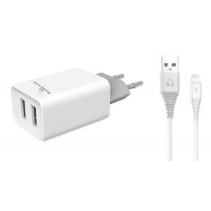 POWERTECH Φορτιστής τοίχου & καλώδιο Lightning PT-777, 2x USB, 2.1A | Αξεσουάρ κινητών | elabstore.gr