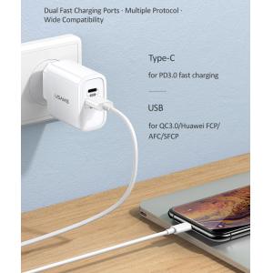 USAMS φορτιστής τοίχου T15, 1x USB 1x type-C, PD3.0 QC4.0 18W 3A, λευκός | Αξεσουάρ κινητών | elabstore.gr