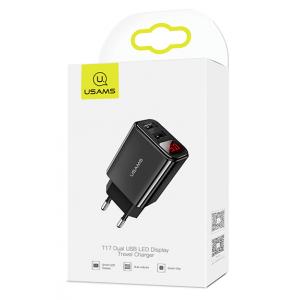USAMS φορτιστής τοίχου T17, 2x USB, LED οθόνη, 10.5W 2.1A, μαύρος | Αξεσουάρ κινητών | elabstore.gr