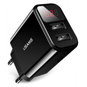 USAMS φορτιστής τοίχου T17, 2x USB, LED οθόνη, 10.5W 2.1A, μαύρος | Αξεσουάρ κινητών | elabstore.gr