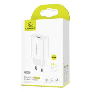 USAMS φορτιστής τοίχου T22, 1x USB, QC3.0 18W 3A, λευκός | Αξεσουάρ κινητών | elabstore.gr