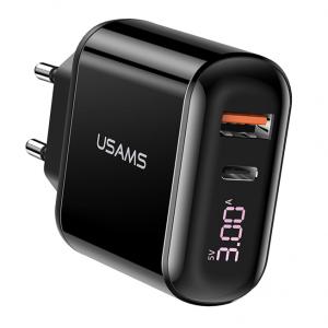 USAMS φορτιστής τοίχου T23, USB & type-C, οθόνη, 18W 3A, μαύρος | Αξεσουάρ κινητών | elabstore.gr