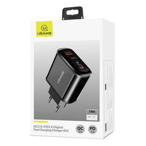 USAMS φορτιστής τοίχου T23, USB & type-C, οθόνη, 18W 3A, μαύρος | Αξεσουάρ κινητών | elabstore.gr