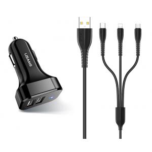 USAMS φορτιστής αυτοκινήτου C13 & καλώδιο 3 σε 1, 2x USB, 2.1A, μαύρο | Αξεσουάρ κινητών | elabstore.gr