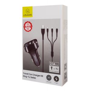 USAMS φορτιστής αυτοκινήτου C13 & καλώδιο 3 σε 1, 2x USB, 2.1A, μαύρο | eLabstore.gr
