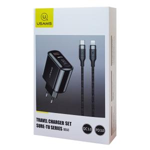USAMS φορτιστής τοίχου T23 & καλώδιο, USB & type-C, οθόνη, 18W, μαύρος | Αξεσουάρ κινητών | elabstore.gr