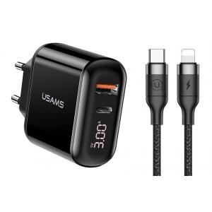 USAMS φορτιστής τοίχου T23 & καλώδιο, USB & type-C, οθόνη, 18W, μαύρος | Αξεσουάρ κινητών | elabstore.gr