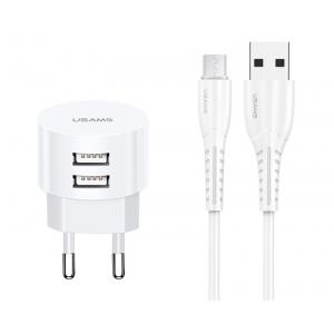 USAMS φορτιστής τοίχου T20 & καλώδιο Micro USB, 2x USB, 2.1A, λευκός | Αξεσουάρ κινητών | elabstore.gr