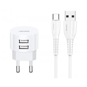 USAMS φορτιστής τοίχου T20 & καλώδιο type-C, 2x USB, 2.1A, λευκός | Αξεσουάρ κινητών | elabstore.gr
