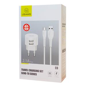 USAMS φορτιστής τοίχου T20 & καλώδιο type-C, 2x USB, 2.1A, λευκός | Αξεσουάρ κινητών | elabstore.gr