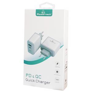 POWERTECH Φορτιστής Τοίχου PT-708, 1x USB, 1x Type-C, 18W, 3A, λευκό | Αξεσουάρ κινητών | elabstore.gr
