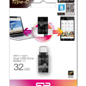SILICON POWER Dual USB Flash Drive C31, USB 3.1 & Type-C, 32GB, μαύρο | Συνοδευτικά PC | elabstore.gr