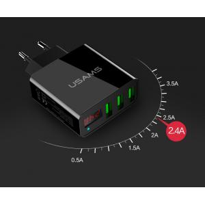 USAMS φορτιστής τοίχου CC35TC03 με οθόνη, 3x USB, 3A, μαύρος | Αξεσουάρ κινητών | elabstore.gr