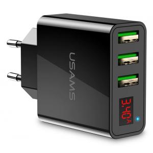 USAMS φορτιστής τοίχου CC35TC03 με οθόνη, 3x USB, 3A, μαύρος | Αξεσουάρ κινητών | elabstore.gr