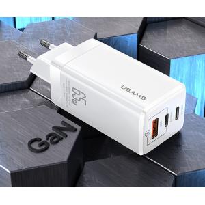 USAMS φορτιστής τοίχου MTXLOGTC02 GaN με καλώδιο, 3xUSB, 65W, λευκό | Αξεσουάρ κινητών | elabstore.gr