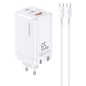 USAMS φορτιστής τοίχου MTXLOGTC02 GaN με καλώδιο, 3xUSB, 65W, λευκό | Αξεσουάρ κινητών | elabstore.gr
