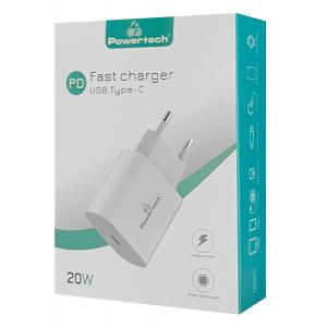 POWERTECH Φορτιστής Τοίχου PT-923, 1x USB Type-C, PD 20W, 3A, λευκός | Αξεσουάρ κινητών | elabstore.gr