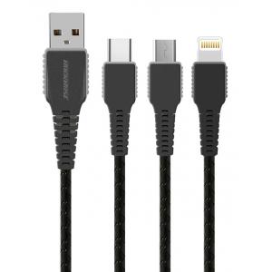 ROCKROSE καλώδιο USB σε Micro/Type-C/Lightning Cobra Pro, 1.2m, μαύρο | Αξεσουάρ κινητών | elabstore.gr