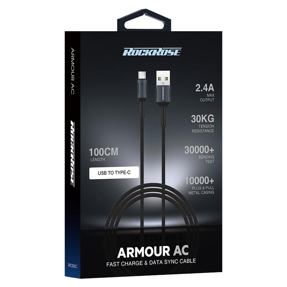 ROCKROSE καλώδιο USB σε USB Type-C Armour AC, 2.4A 15W, 1m, μαύρο-μπλε | eLabstore.gr ROCKROSE καλώδιο USB σε USB Type-C Armour AC, 2.4A 15W, 1m, μαύρο-μπλε | Αξεσουάρ κινητών | elabstore.gr