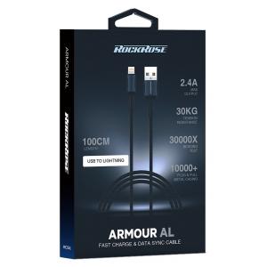 ROCKROSE καλώδιο USB σε Lightning Armour AL, 2.4A 12W, 1m, μαύρο-μπλε | Αξεσουάρ κινητών | elabstore.gr