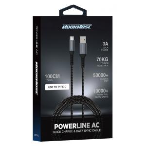 ROCKROSE καλώδιο USB σε USB Type-C Powerline AC, 3A 15W, 1m, μαύρο-μπλε | Αξεσουάρ κινητών | elabstore.gr