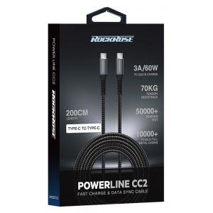 ROCKROSE καλώδιο USB Type-C Powerline CC2, 3A 60W, 2m, μαύρο-μπλε | Αξεσουάρ κινητών | elabstore.gr