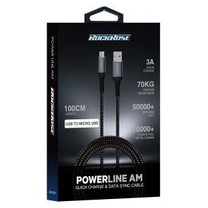 ROCKROSE καλώδιο USB σε Micro USB Powerline AM, 3A 15W, 1m, μαύρο-μπλε | Αξεσουάρ κινητών | elabstore.gr