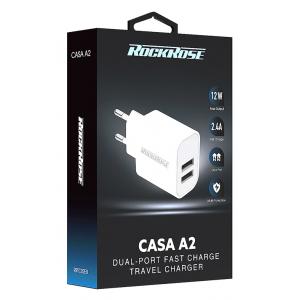 ROCKROSE φορτιστής τοίχου για πρίζα ΕU Casa A2, 2x USB, 2.4A 12W, λευκός | Αξεσουάρ κινητών | elabstore.gr