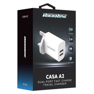 ROCKROSE φορτιστής τοίχου για πρίζα UK Casa A2, 2x USB, 2.4A 12W, λευκός | Αξεσουάρ κινητών | elabstore.gr
