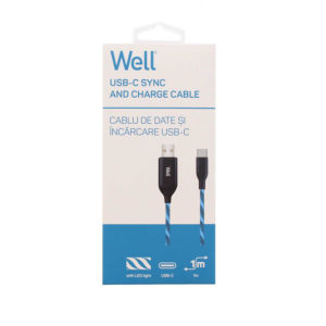 Καλώδιο 3A USB 2.0 σε Type-C Φόρτισης - Data 1m  Μπλε Φωτιζόμενο Well USB/USBC-1BE03-WL | Περιφερειακά | elabstore.gr