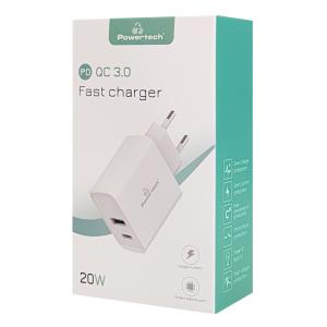 POWERTECH φορτιστής τοίχου PT-925, USB & Type-C, PD QC 3.0, 20W, λευκός | Αξεσουάρ κινητών | elabstore.gr