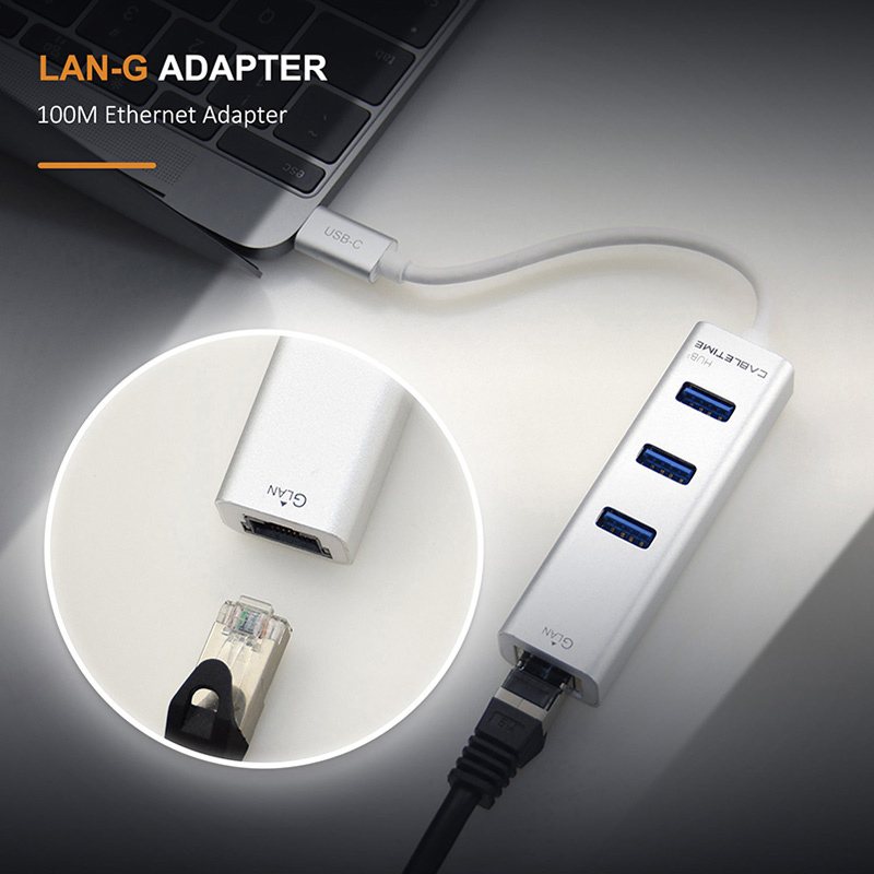 CABLETIME HUB USB-C σε 3x USB 3.0 + RJ45 C160, 5Gbps, 0.15m, ασημί | eLabstore.gr CABLETIME HUB USB-C σε 3x USB 3.0 + RJ45 C160, 5Gbps, 0.15m, ασημί | Συνοδευτικά PC | elabstore.gr