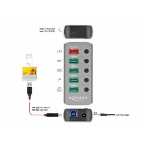 DELOCK hub 5x USB + 1x Type-C PD με διακόπτες 63263, 5Gbps, 2.4A, γκρι | Συνοδευτικά PC | elabstore.gr