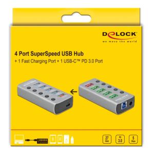 DELOCK hub 5x USB + 1x Type-C PD με διακόπτες 63263, 5Gbps, 2.4A, γκρι | Συνοδευτικά PC | elabstore.gr