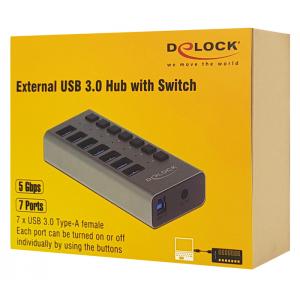 DELOCK hub 7x USB με διακόπτες 63975, USB 3.0, 5Gbps, 3Α, LED, γκρι | Συνοδευτικά PC | elabstore.gr