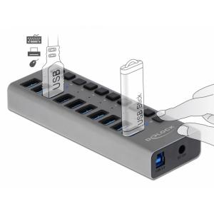 DELOCK hub 10x USB με διακόπτες 63976, USB 3.0, 5Gbps, 4A, LED, γκρι | Συνοδευτικά PC | elabstore.gr