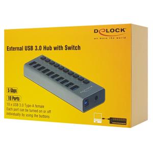 DELOCK hub 10x USB με διακόπτες 63976, USB 3.0, 5Gbps, 4A, LED, γκρι | Συνοδευτικά PC | elabstore.gr