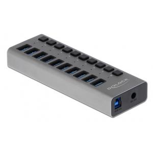 DELOCK hub 10x USB με διακόπτες 63976, USB 3.0, 5Gbps, 4A, LED, γκρι | Συνοδευτικά PC | elabstore.gr